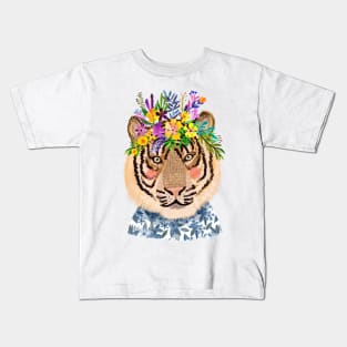 Tiger with Flower Crown, Wild Animal in Nature Kids T-Shirt